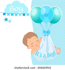 Baby Boy Shower Card Vector Illustration. "It's A Boy". Kids Invitation Card Design With Little Sleep Baby Boy And Balloon.