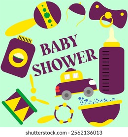 Baby boy shower clipart template. Invitation template with cute toys 