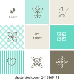 Baby boy shower design elements for baby shower celebration, greeting card, baby arrival