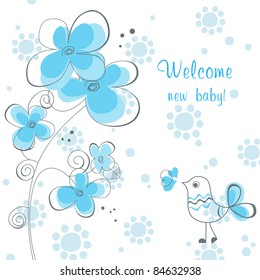 Baby boy shower with flowers and cute bird