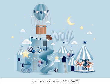 baby boy baby shower funfair greeting card/poster design template vector/illustration