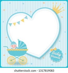 Baby Boy Shower Greeting Card For New Born Girls Decorated With Baby Stroller On Blue Heart Frame Background.