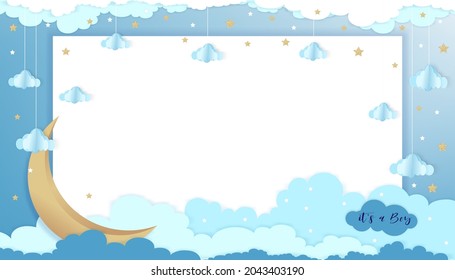 Baby boy shower greeting card on blue background,Vector Paper art abstract origami cloudscape, crescent moon and stars on blue sky,Cute paper cut with copy space for baby's photos
