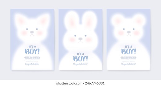 Baby boy shower greeting card, poster, banner or invitation design template with cartoon bear, bunny, kitten on blue background. It's a boy. Vector illustration