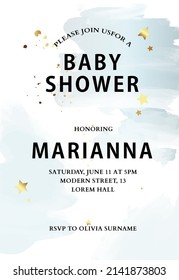 Baby boy shower invitation, birthday party watercolor background. Blue clouds child album cover 