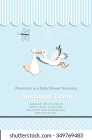 baby boy, baby shower invitation with butterfly and stork. vector/illustration