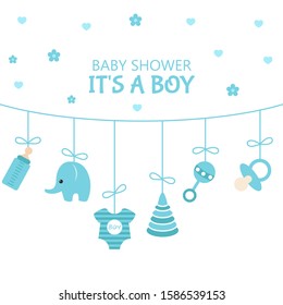 Baby boy shower invitation card with simple baby symbols. Vector design templates for greeting gift cards, flyers etc.