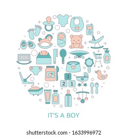 Baby boy shower invitation card with simple baby symbols. Vector design templates for greeting gift cards, flyers etc.