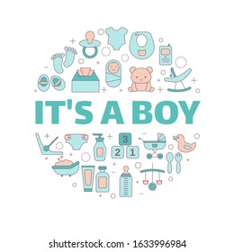 Baby boy shower invitation card with simple baby symbols. Vector design templates for greeting gift cards, flyers etc.