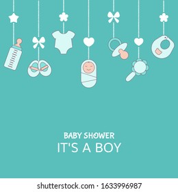 Baby boy shower invitation card with simple baby symbols. Vector design templates for greeting gift cards, flyers etc.