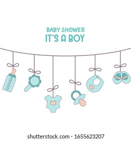 Baby boy shower invitation card with simple baby symbols. Vector design templates for greeting gift cards, flyers etc.