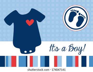 baby boy shower invitation card, blue baby bodysuit with red heart on blue polka dot background 