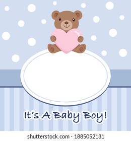 Baby Boy Baby Shower Invitation Card, Teddy Bear Holding Heart, Oval Shape Frame