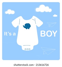 baby boy shower invitation card, baby bodysuit and origami paper airplanes on blue sky