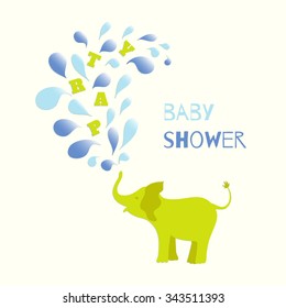 Baby boy shower invitation card design. Elephant kid spraying colourful water drops over itself. Vector illustration.
