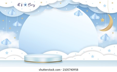 Baby Boy Shower Sard on Blue Background,Vector Cute Paper Art abstract Origami Clouds, Crescent moon and star on Blue Sky and 3D podium,Backdrop Background Paper cut with copy space for Baby's photo