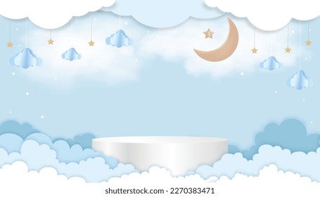 Baby Boy Shower Sard sobre fondo azul,Vector Cute Paper Art abstract Origami Clouds, Crescent moon y star sobre cielo azul y podio 3D,Backdrop Background Paper cortado con espacio de copia para la foto del bebé