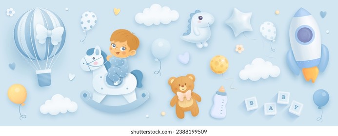 Ducha para bebé. Ilustración vectorial 3d realista del niño de dibujos animados, globos de helio, cohete, globo de aire caliente, caballo, oso aislado en fondo azul