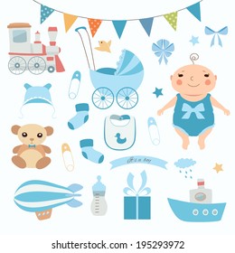 Baby boy shower.  Set of vector icons.