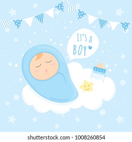 Baby Boy Shower sleeping on clouds, Happy Birthday for new born celebration greeting and invitation Post card Size