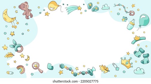 Baby Boy shower vector background with blue elements. Frame with set of objects, bear, pacifier, infant toys, stars, moon, clouds. Cute cartoon Card for baby newborn with space for text or photos. 