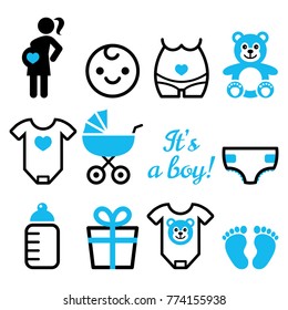 Baby boy shower vector icons set, pregnant womant with boy, newborn baby design.

Pregnancy icon collection - it's a boy cute graphics in blue and black isolated on white 
