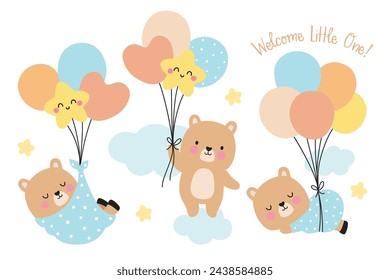 Baby boy shower vector illustration. Cute baby bear holding balloons and floating on the cloud.