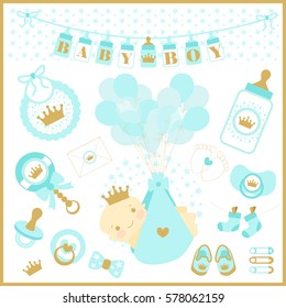 Baby Boy Shower Vector Set Of Design Elements. Blue And Golden Cute Collection Prince. Crown Vector Images