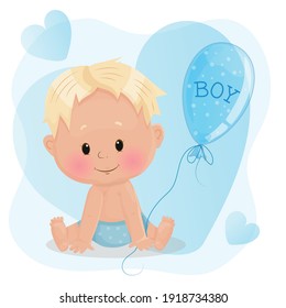 Baby boy sits in blue diapers with a balloon with the inscription boy in his hands