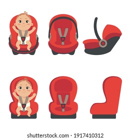 Baby boy sitting in automobile seat. Set of car chair for baby from different angles. Side and front view of carseat. Vector illustration on white background. 