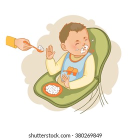 Baby boy sitting in the baby chair refuses to eat pap, vector image, eps10