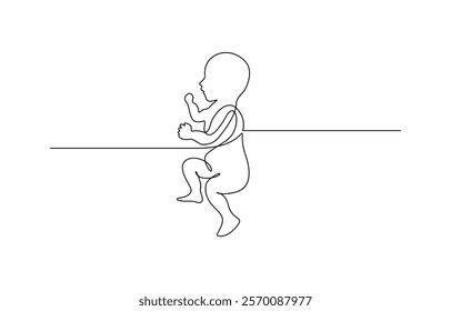 Baby boy sitting in continuous line art drawing style. One line drawing continuous hand drawn baby start crawling, Newborn baby sleep, one art line continuous drawing.