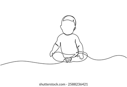 Baby boy sitting in continuous line art drawing style, Baby boy sitting in continuous line art drawing style. Cute toddler child black linear sketch isolated on white background. 