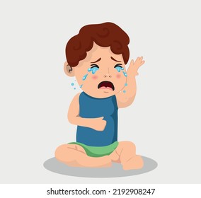 baby boy sitting and crying with open mouth. Illustration of a sad and annoyed child on a white background.