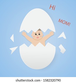 Baby boy sitting in the egg and say hi mom,vector illustration paper art style.
