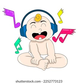 baby boy is sitting laughing happily wearing headphones listening to classical music. vector design illustration art