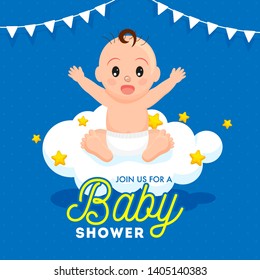 Baby boy sitting on cloud with stars and bunting flags decorated blue background for Baby Shower concept.