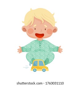 Baby Boy Sitting on the Floor with Wind up Toy Car Vector Illustration