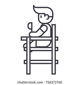 Baby Boy Sitting On High Chair Vector Line Icon, Sign, Illustration On Background, Editable Strokes