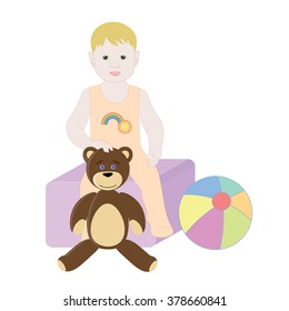 Baby boy sitting on the toy box in Romper with Teddy bear and ball.