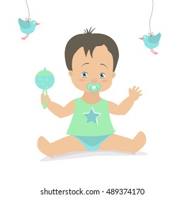 Baby boy sitting with a rattle. Vector cartoon illustration. Caucasian