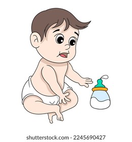 baby boy is sitting should try to take the milk bottle in front of him. vector design illustration art