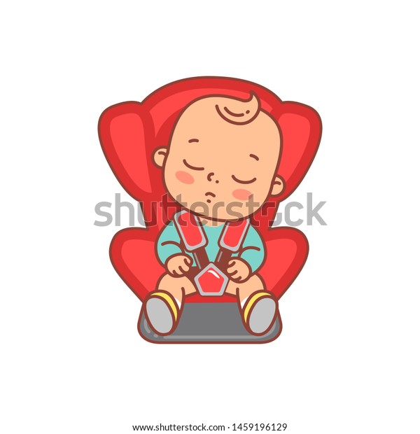 Baby boy\
sitting sleeping on car seat. Baby on board. Child safe and\
comfortable drive  in car.Family travel.  Calm baby on backseat.\
Color vector illustration. Happy kid smile.\
