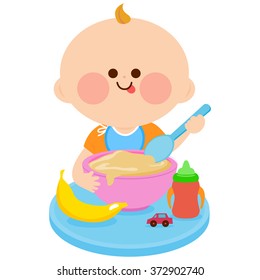 A baby boy is sitting at a table and eating his breakfast of cereal and fruits. Vector illustration