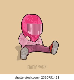a baby boy sitting wearing a very cute and cool racing helmet. baby racing. helmet baby
