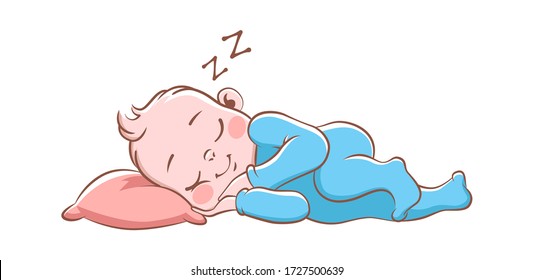 Baby boy sleeping. Cute happy newborn in blue pajamas, isolated cartoon vector child on soft pillow