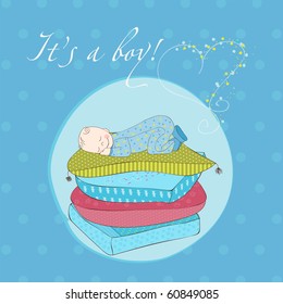 Baby Boy Sleeping on Pillows Card in vector