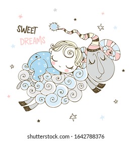 Baby boy is sleeping sweetly on a sheep. Baby shower. Sweet dream. Vector.