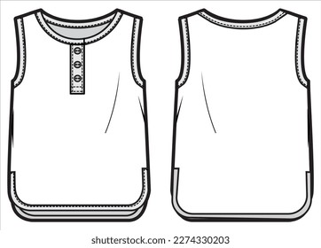 Baby boy sleeveless tank top vest design flat sketch fashion illustration drawing template mock up with front and back view.  Toddler baby boy and girl hanley neck vest T shirt top cad drawing