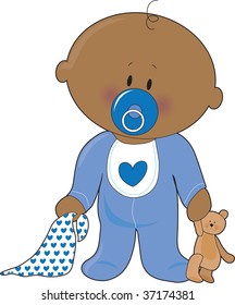 A baby boy with a soother,blanket and teddy bear